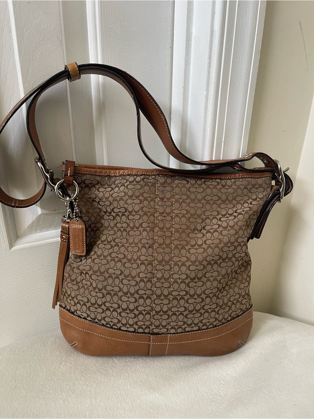 Coach Brown Signature Canvas Shoulder Bag with Leather Trim